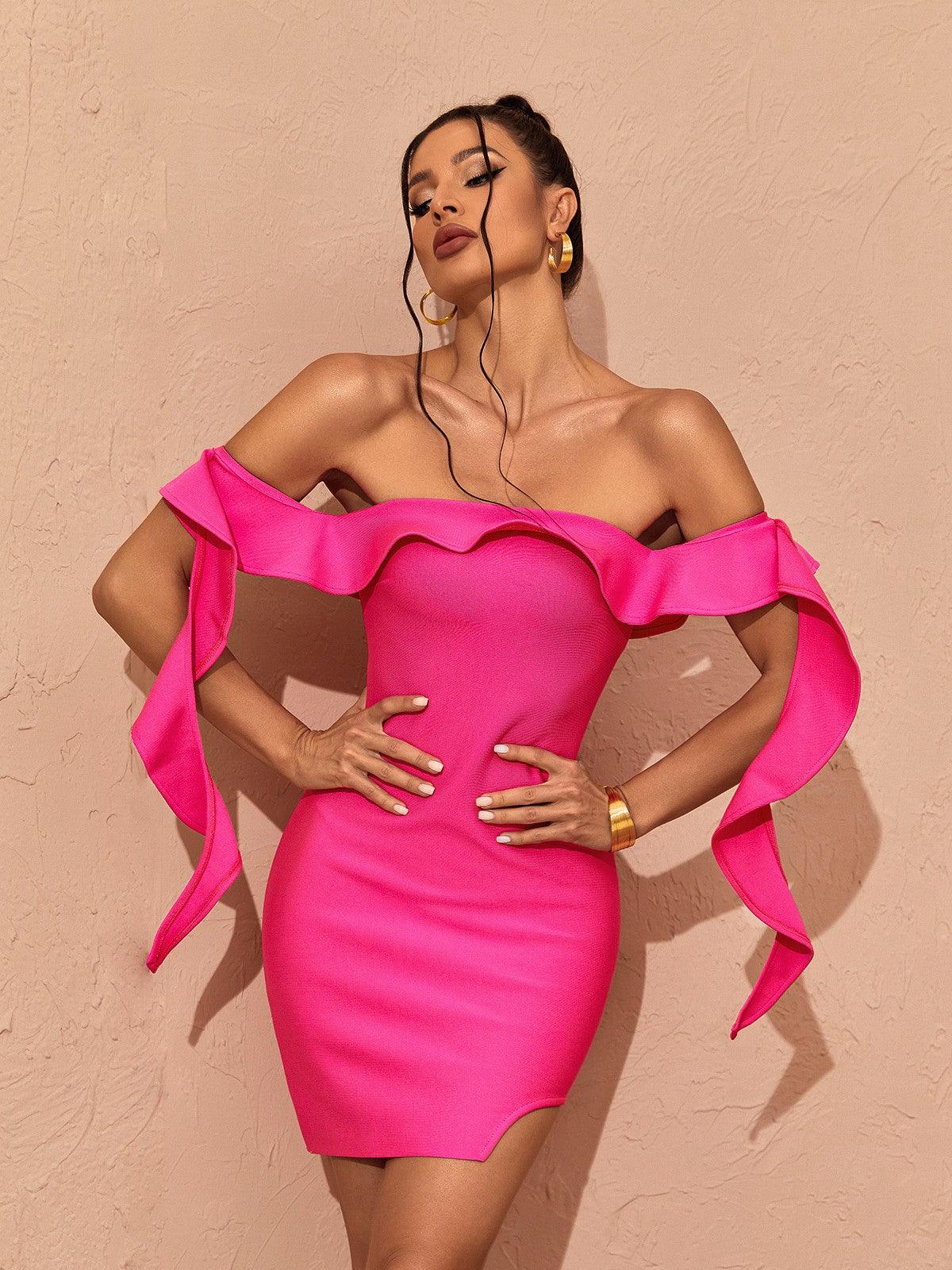 Alivia Düşük Omuzlu Fırfırlı Bandaj Mini Elbise Pembe