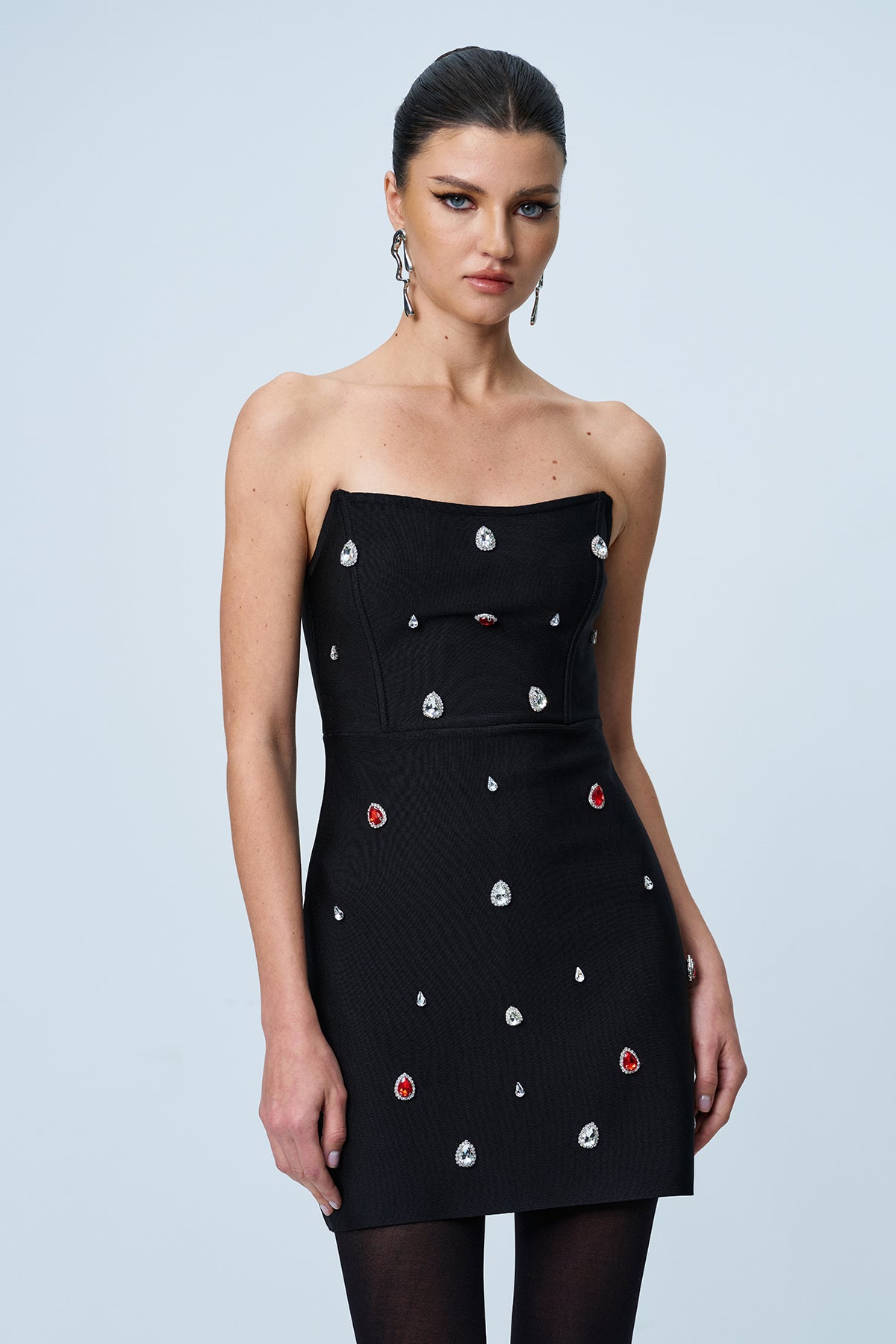 Amna Straplez Rhinestone Bodycon Mini Elbise
