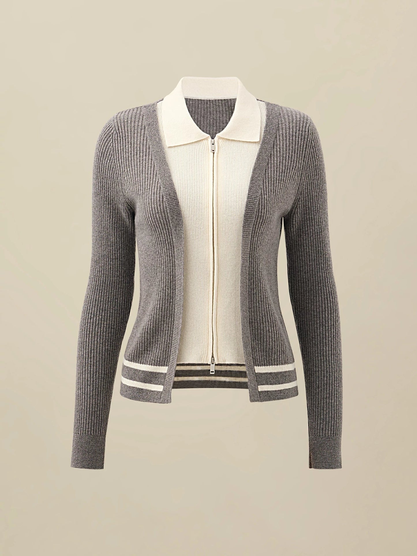 Yaka Kontrast Renkli Çift %100 Yün Fermuarlı Örgü Hırka