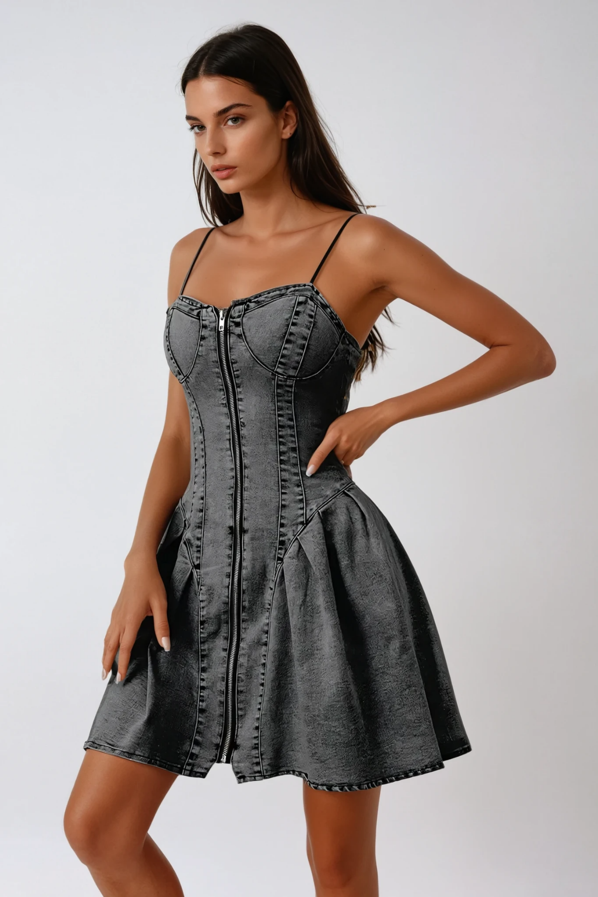 Ange Fermuarlı Spagetti Fırfırlı Denim Mini Elbise