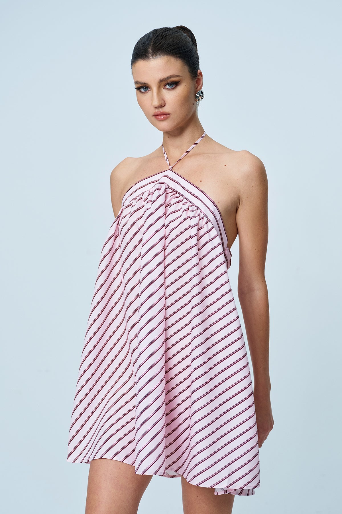 Anjang Halter Yaka Çizgili Mini Elbise