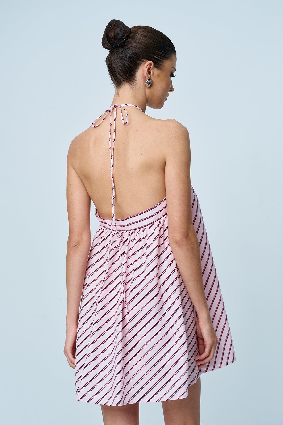 Anjang Halter Yaka Çizgili Mini Elbise