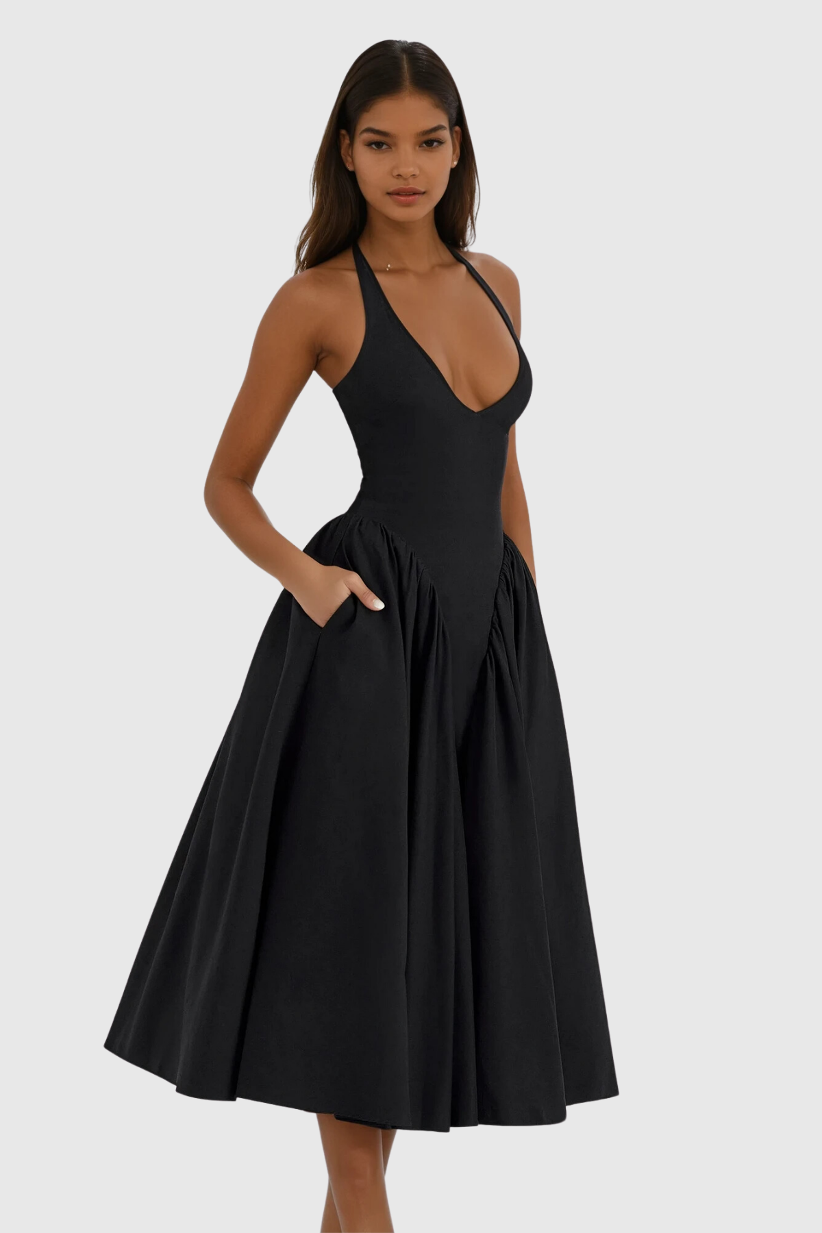 Annlea Halter Yaka Bodycon Fırfırlı Maksi Elbise Siyah