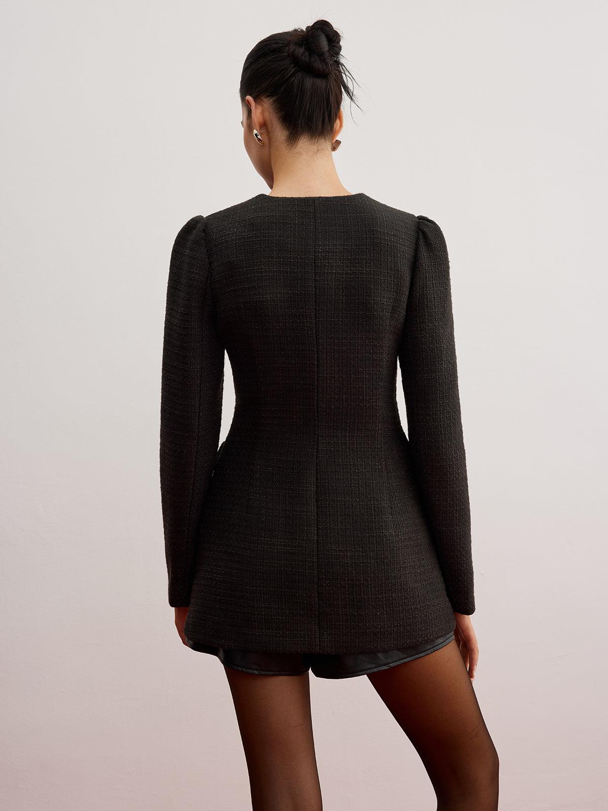 Królewska czarna tweedowa marynarka z paskiem