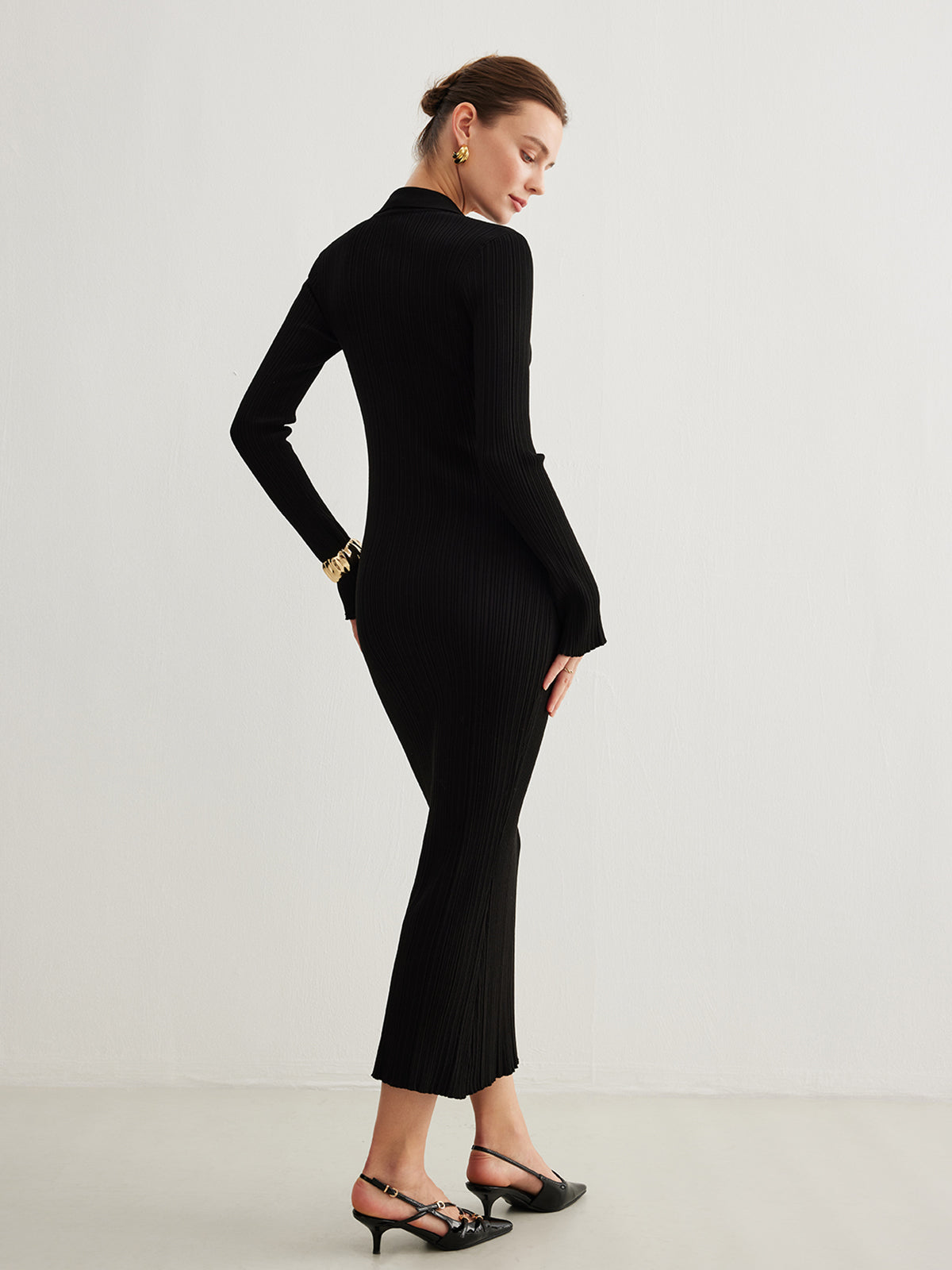 Düğmeli Çan Kollu Örgü Maxi Elbise