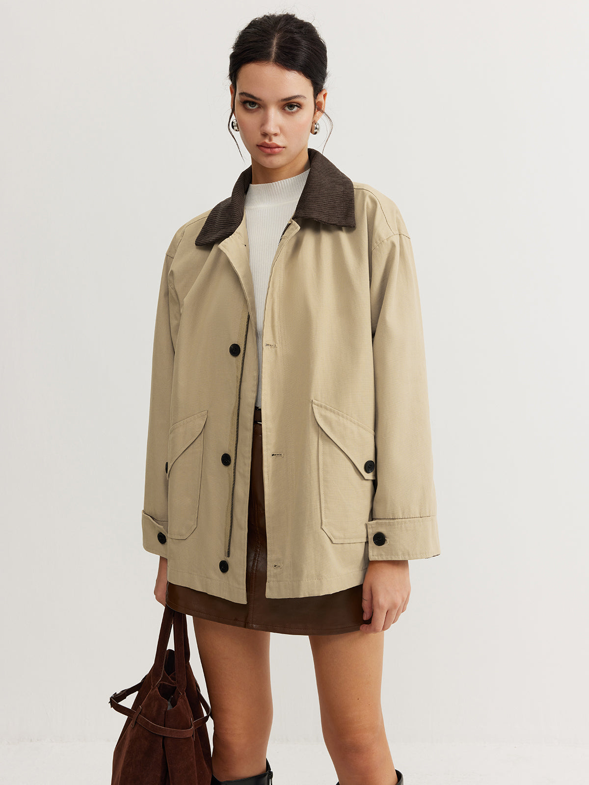 Kontrast Yaka Fermuarlı Kargo Trençkot Mont