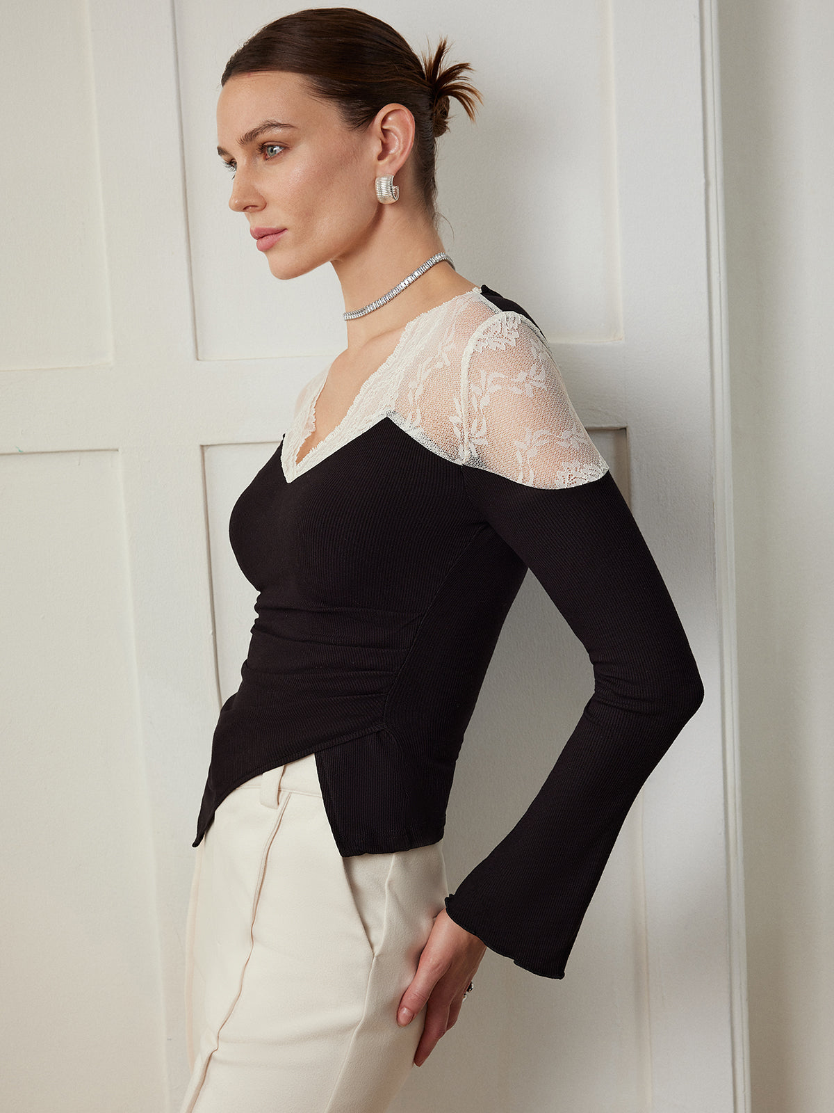 Vespera Koronkowa Elegancka Asymetryczna Bluzka Slim