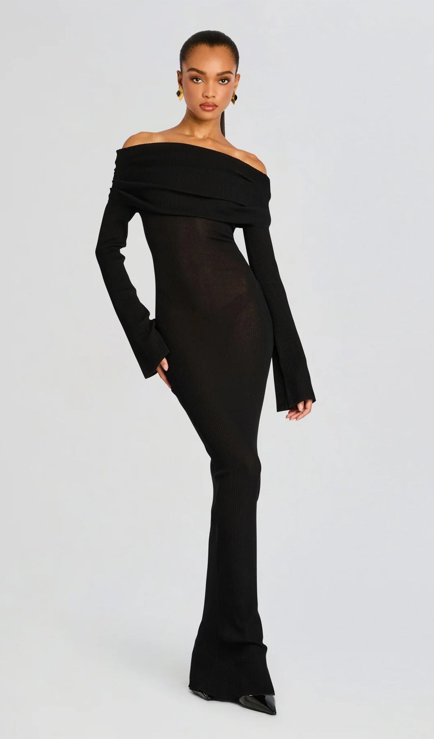 Kapalı Omuz Slim Fit Maksi Elbise