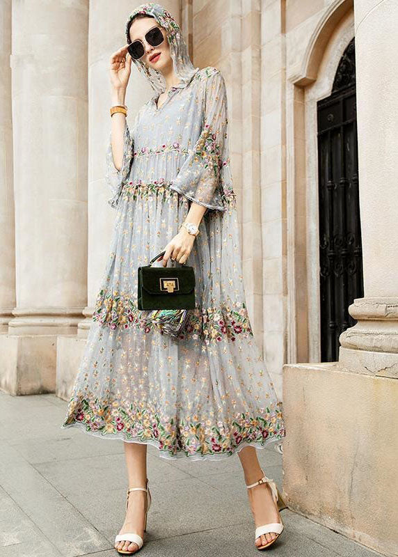 Gri V Yaka İşlemeli Dantel Tül Elbise İki Parça Takım