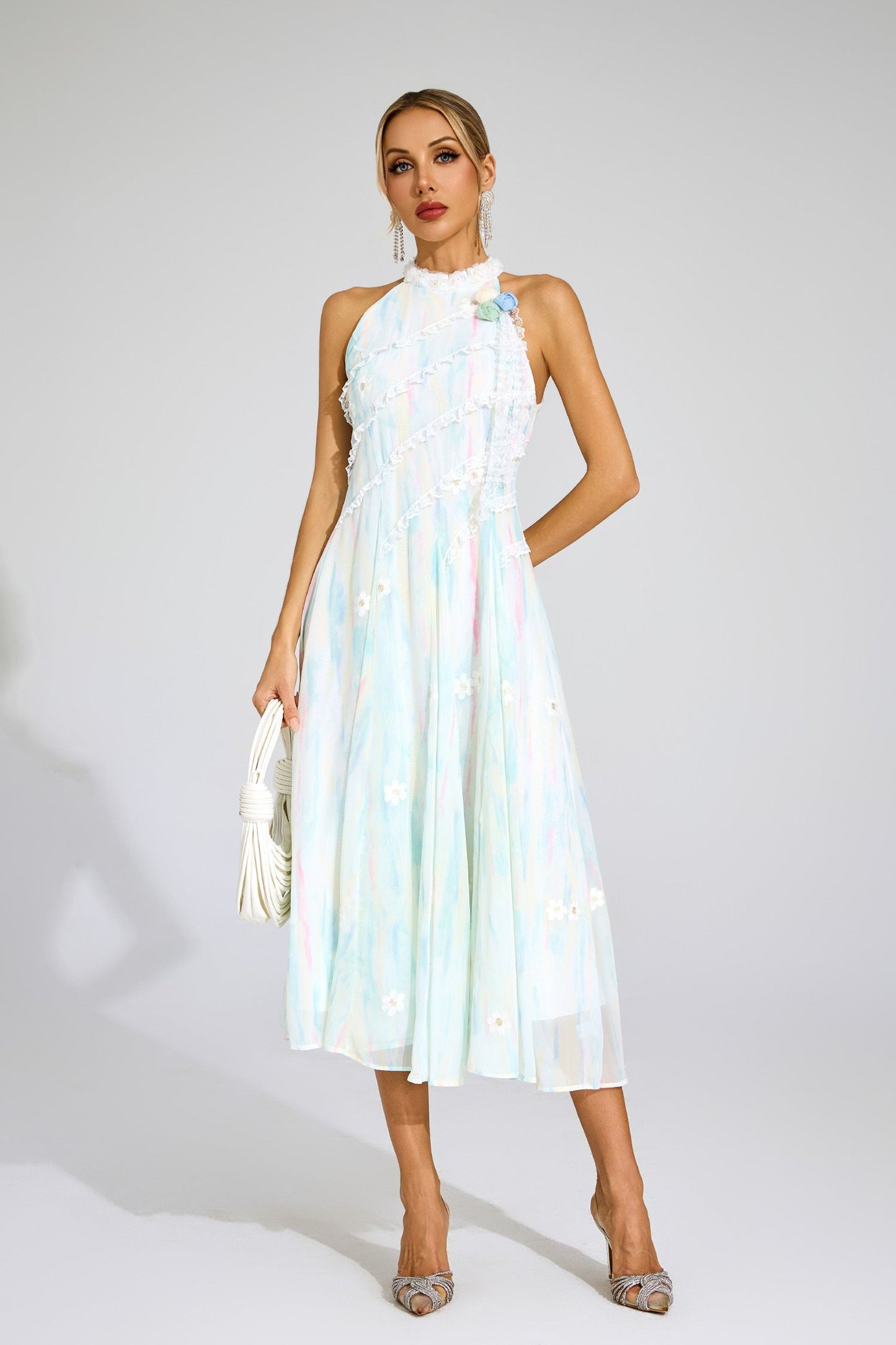 Celeste Pastel Dantel Midi Elbise