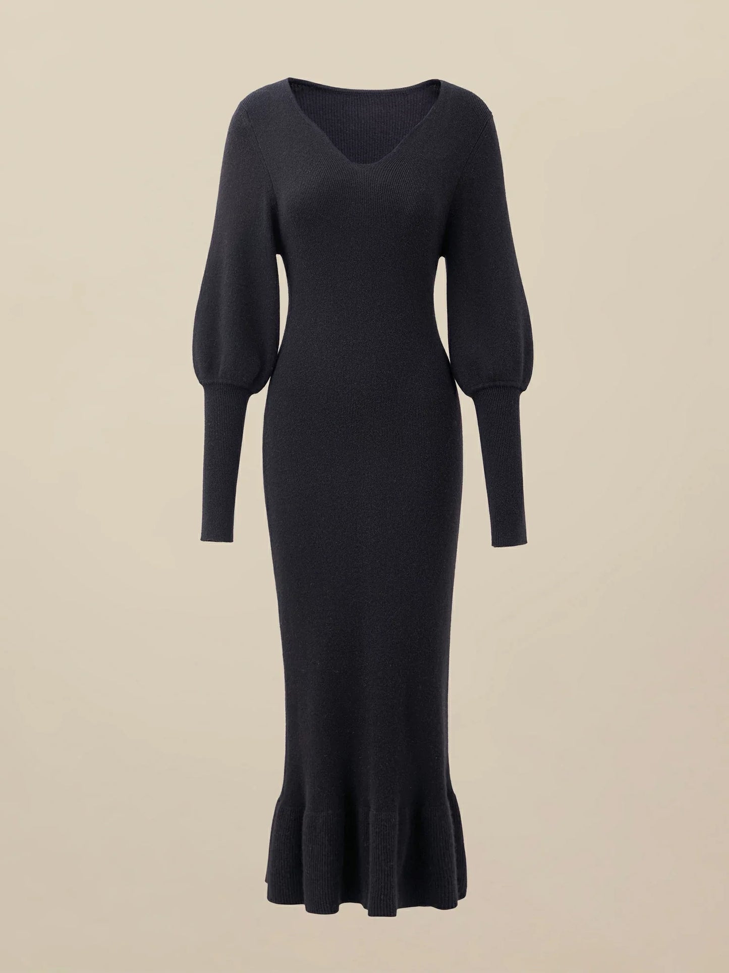 Kadın %100 Yün V Yaka Örme Midi Elbise