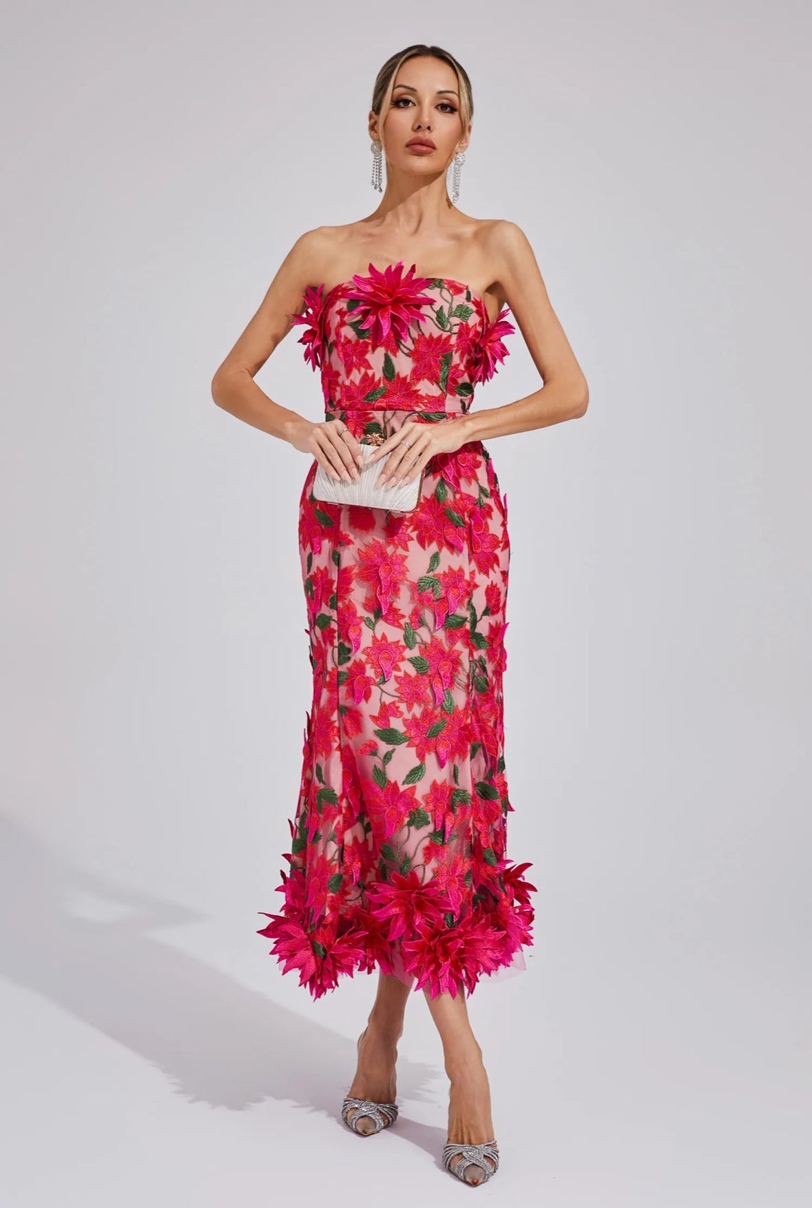 Rosalia 3D Çiçek Dantel Midi Elbise