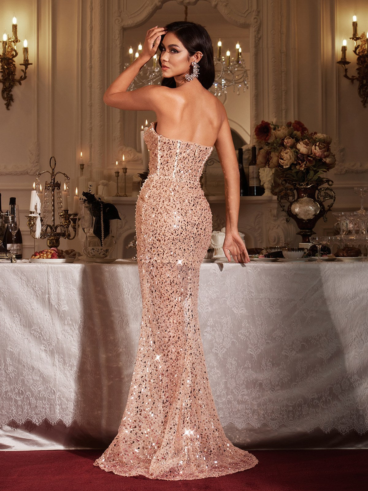 Fionnbarra Straplez İnci Payetli Maxi Elbise