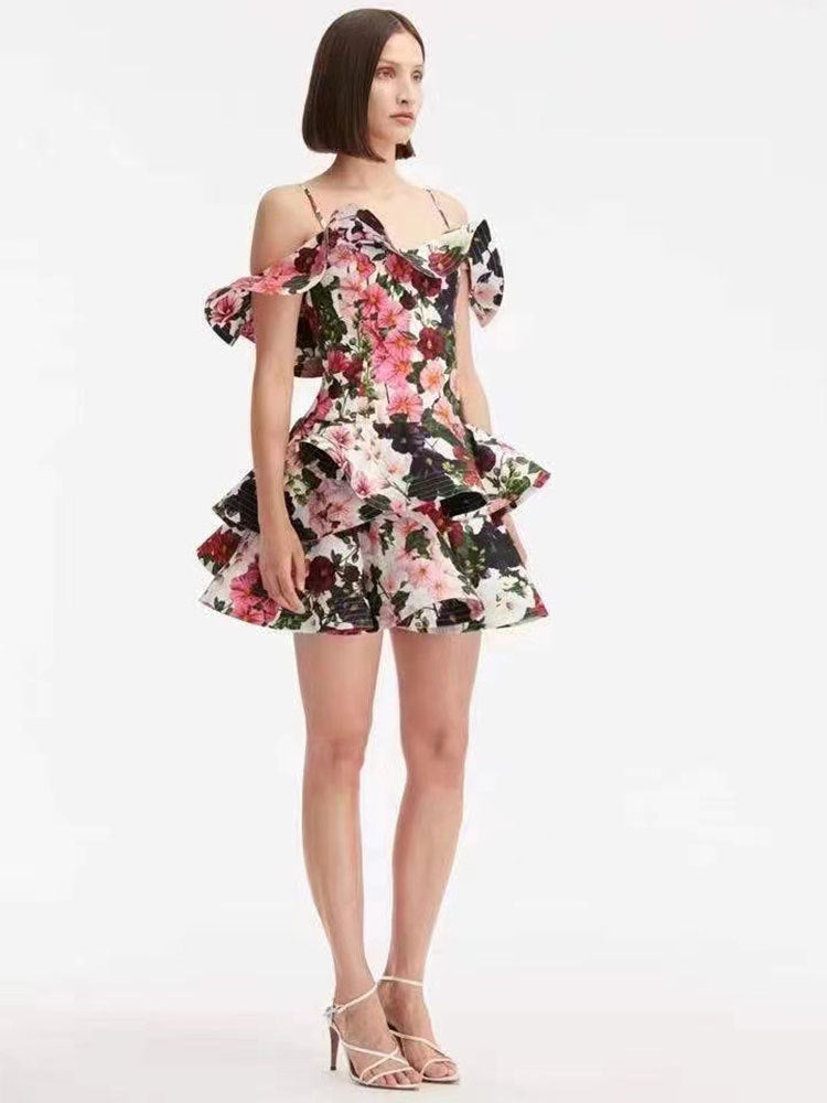 Soğuk Omuz Çiçekli Slip Mini Elbise