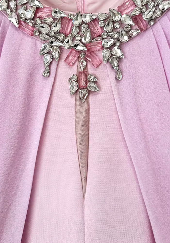 Askılı Kristal Detaylı Drapeli Pembe Maxi Elbise