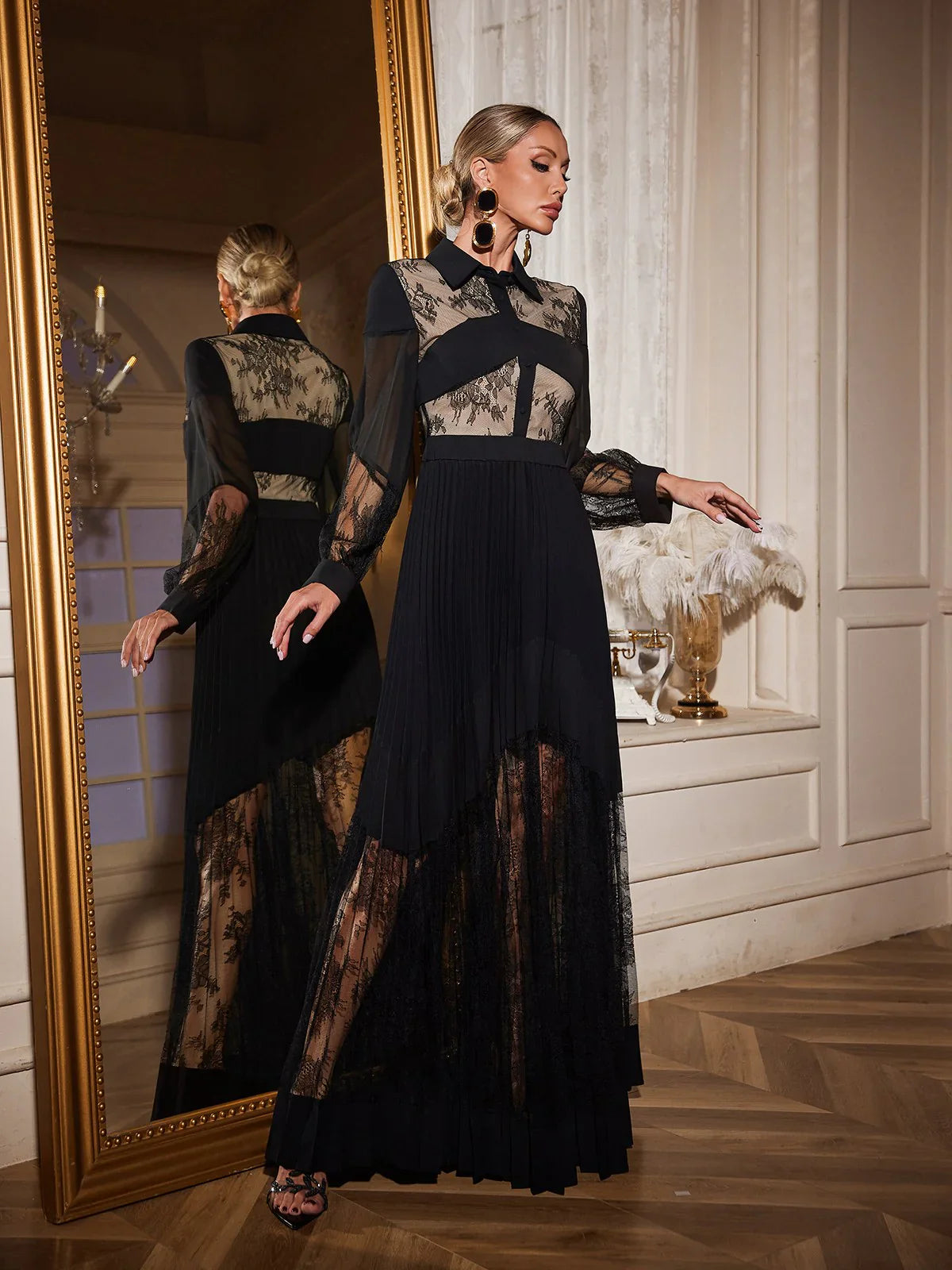 Dantel Panelli Pileli Maxi Elbise