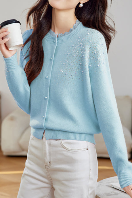 Dantel Süslü Bisiklet Yaka Boncuklu Hırka