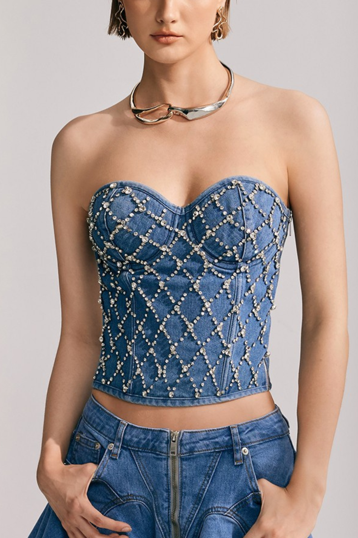 Livia Diamonds İşlemeli Straplez Denim Üst
