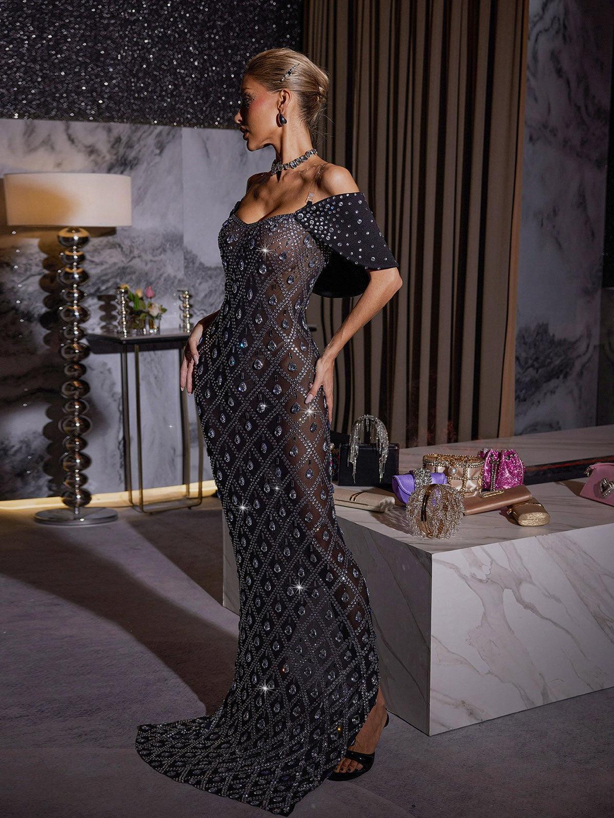 Lucca Rhinestone File Maksi Elbise
