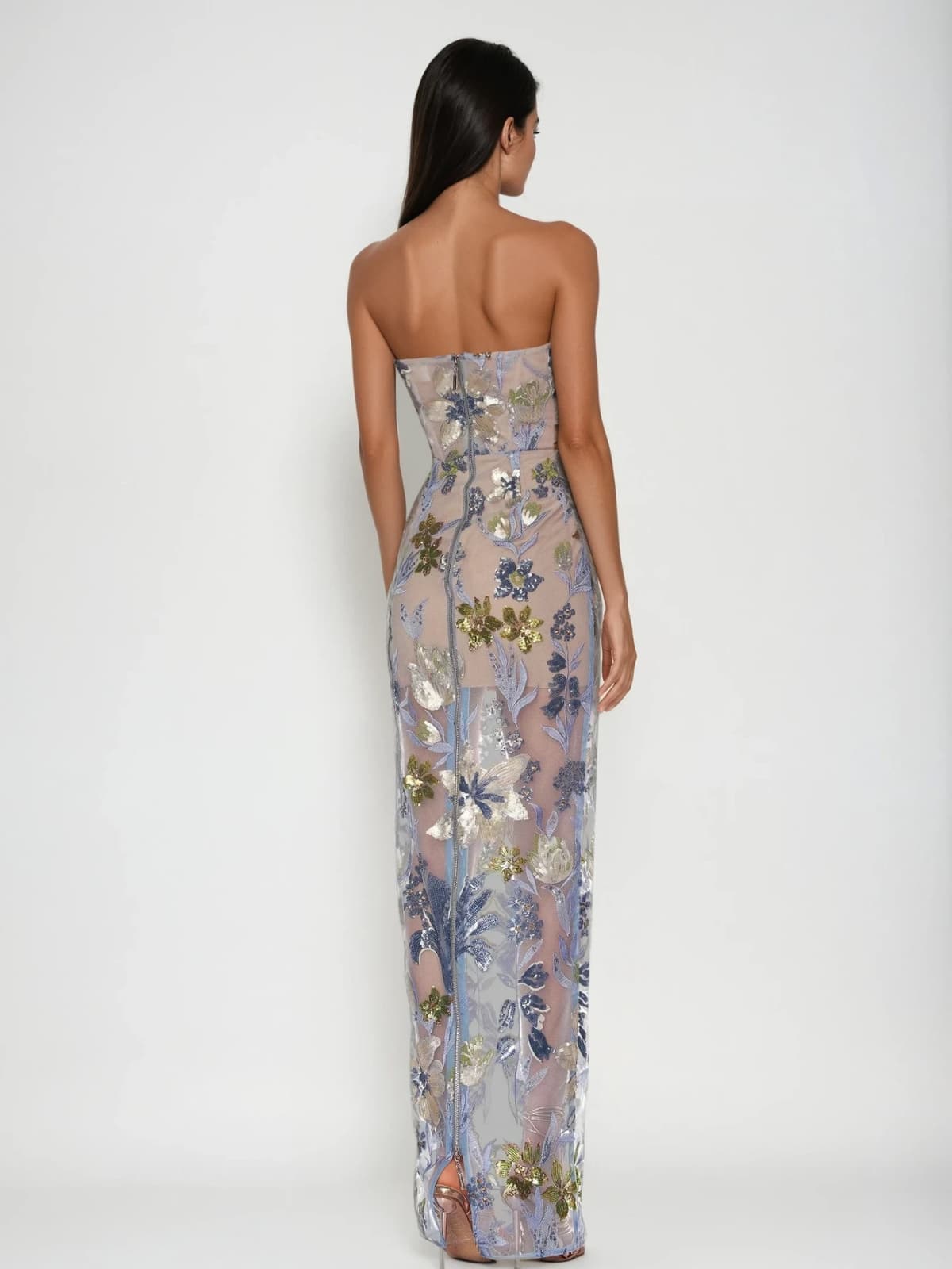 Nakoa Straplez Payet İşlemeli Mavi Maxi Elbise