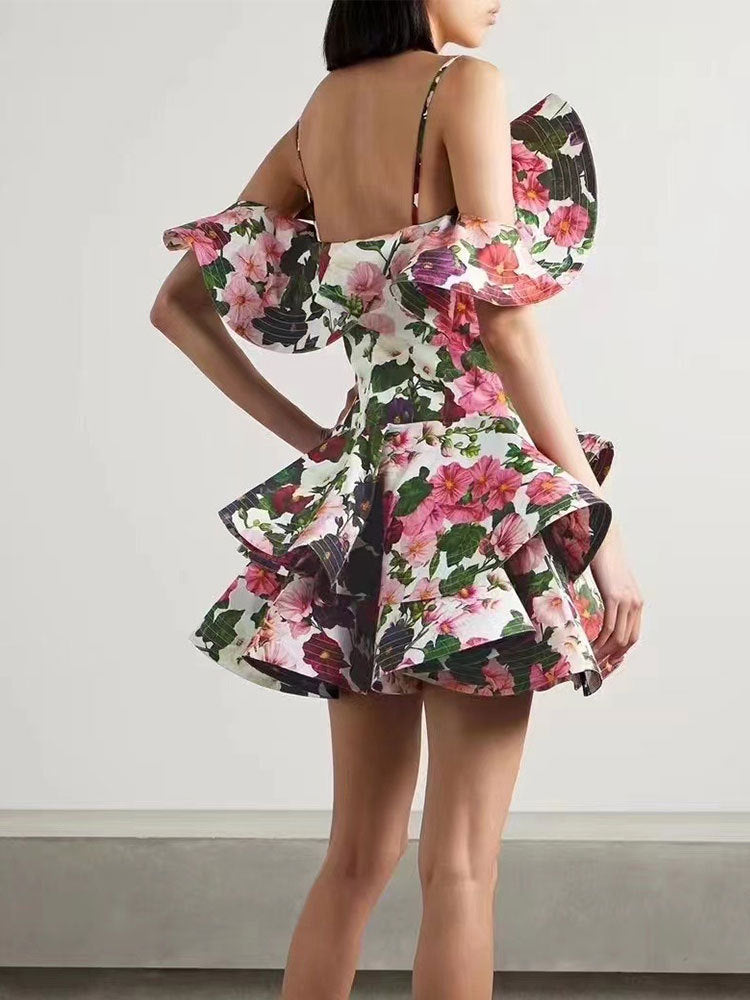 Soğuk Omuz Çiçekli Slip Mini Elbise