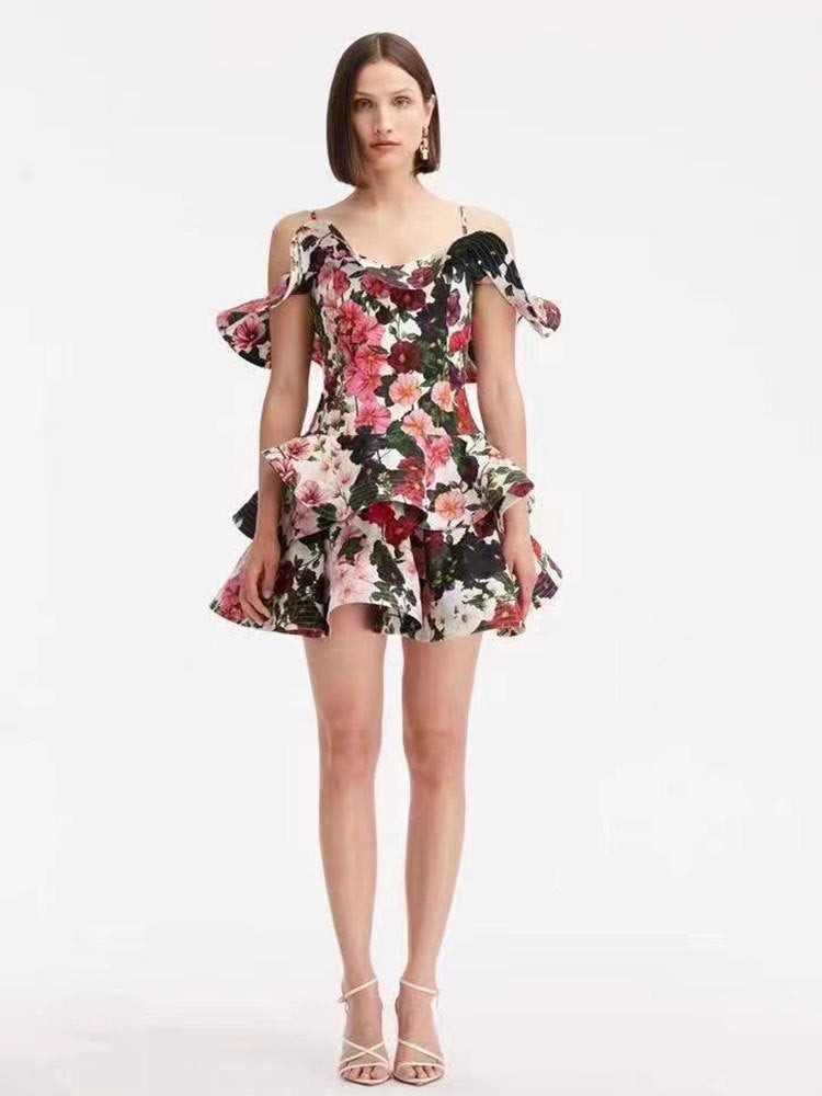 Soğuk Omuz Çiçekli Slip Mini Elbise
