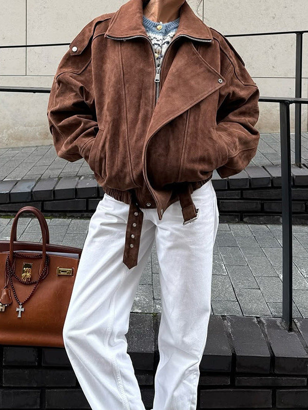 Oversize Süet Görünümlü Kahverengi Mont