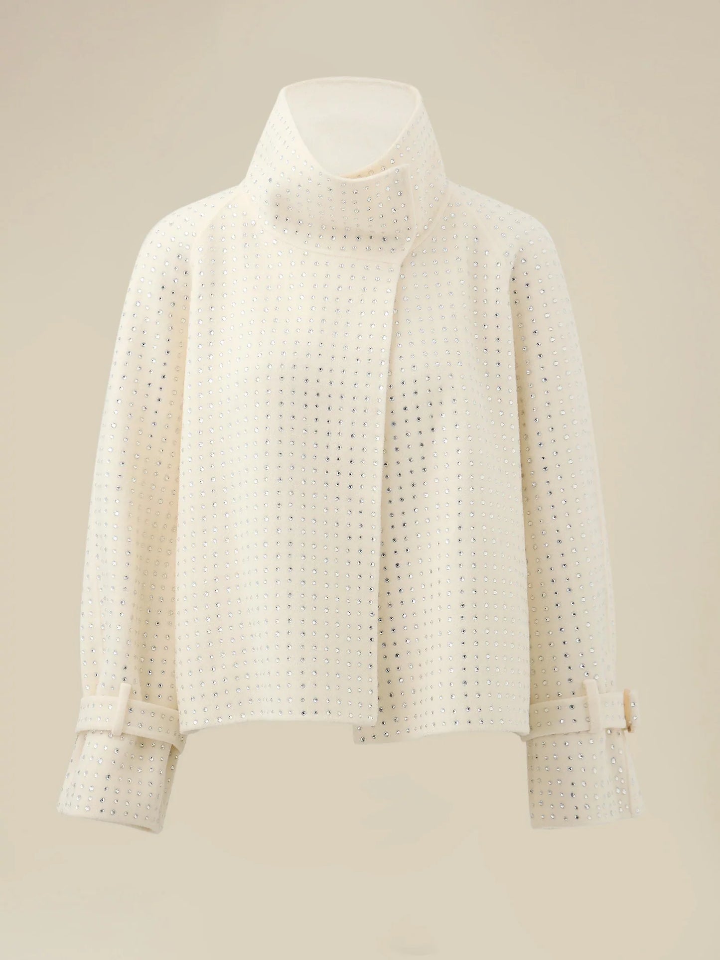 Kadın Yün Yaka Rhinestone Kırpılmış Kaban