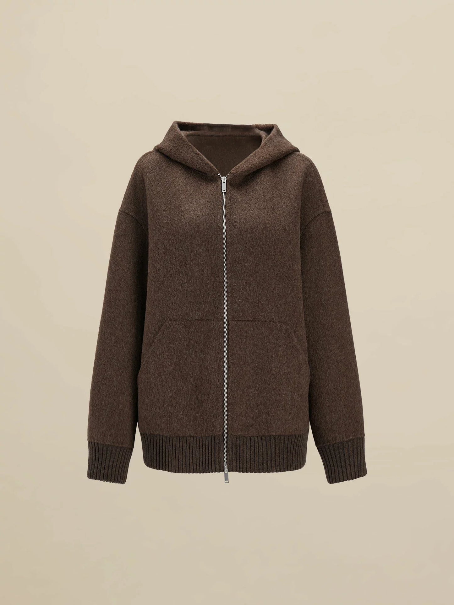 Yün Kapüşonlu Uzun Kollu Fermuarlı Kısa Kaban