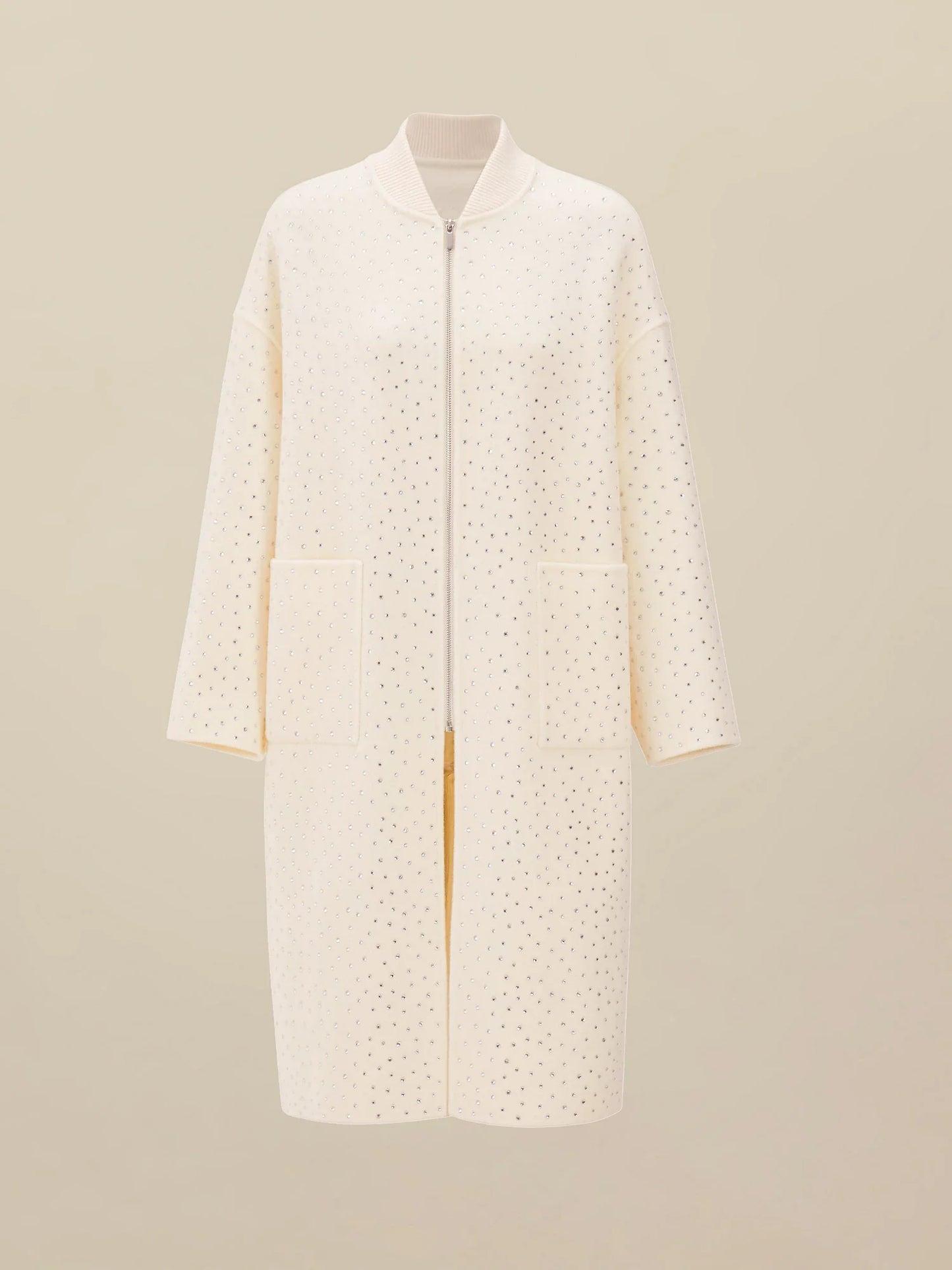 Yün Rhinestone Fermuarlı Uzun Kaban