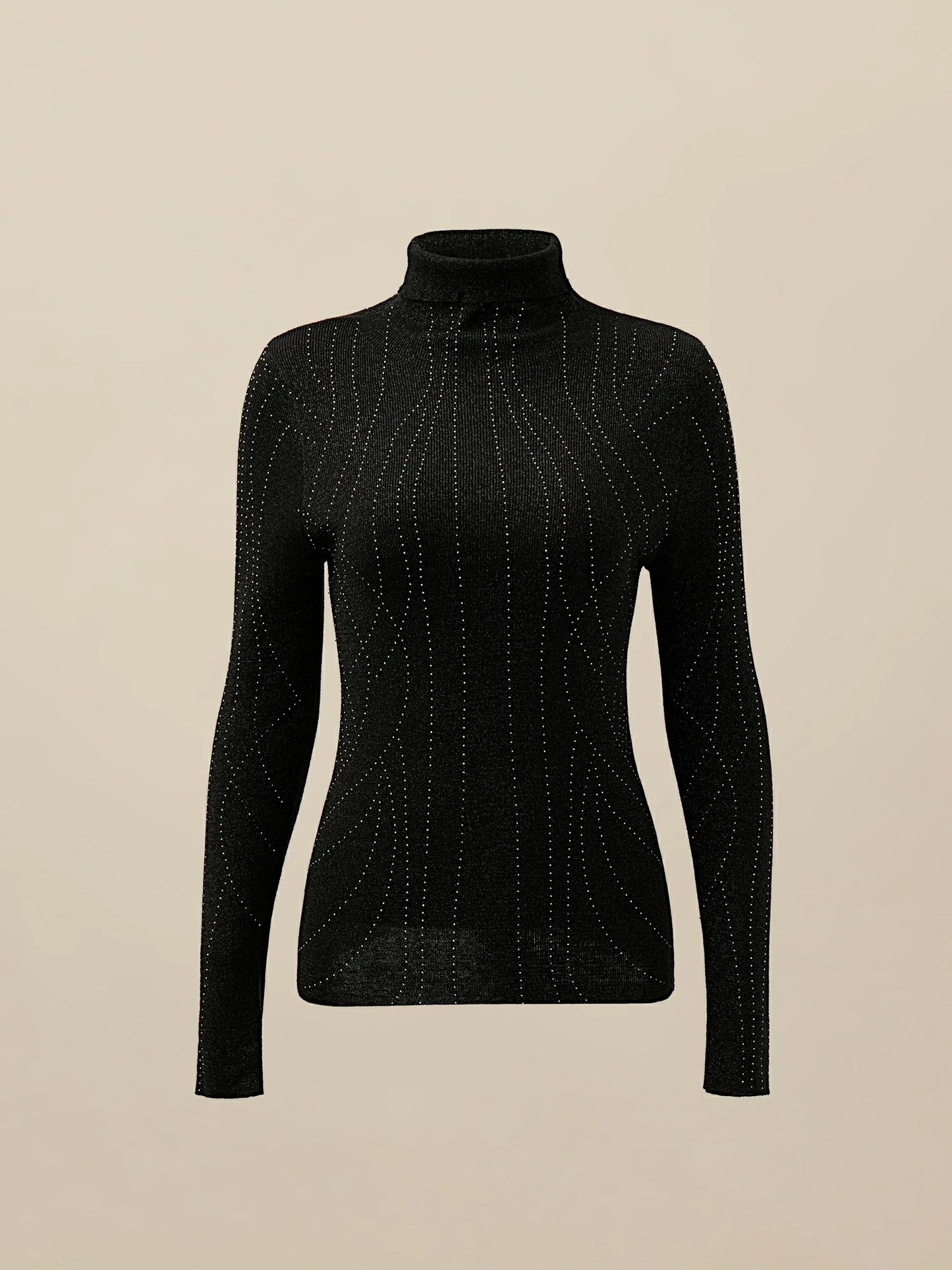 Yüksek Yaka Rhinestones Metalik İpli Örgü Kazak