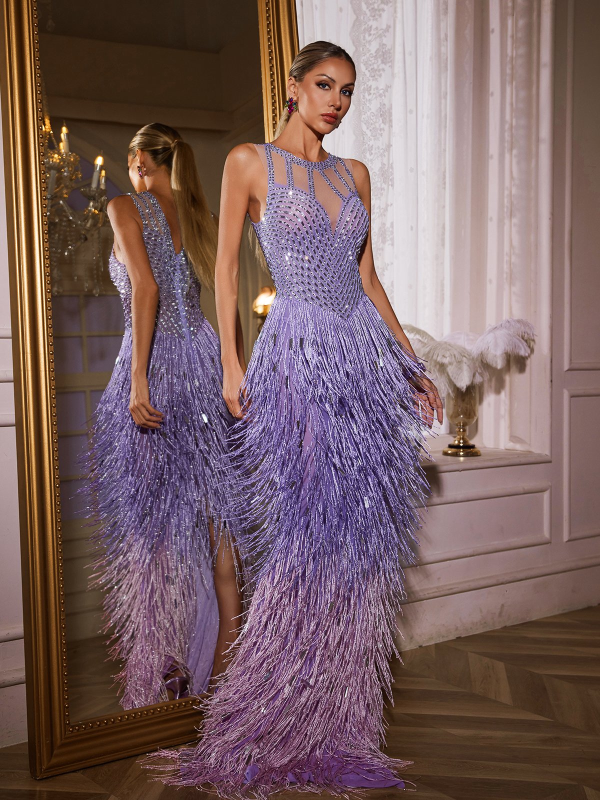 Saelyvira Fringe Rhinestone Maxi Elbise