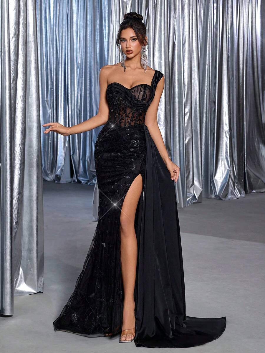 THollis Tek Omuzlu Payetli Korse Maxi Elbise