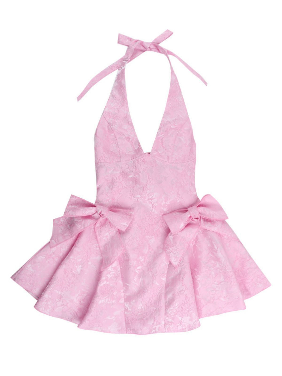 Yaldrex Plunge Neck Bow Jacquard Mini Elbise