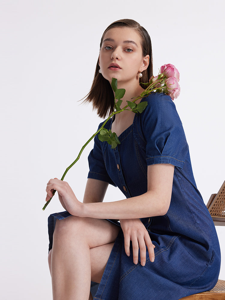 Denim Puf Kollu Tek Göğüslü Kadın Midi Kot Elbise