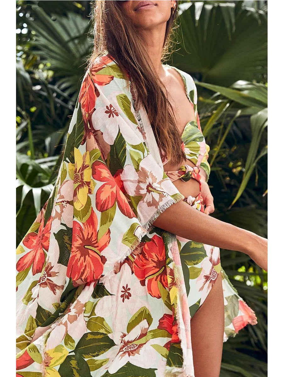 Çiçek Desenli Düğüm Tasarımlı Turuncu Mayo-Pareo