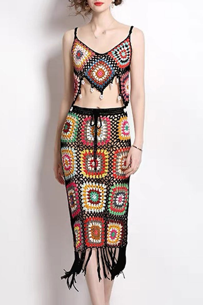 Boho Chic Saçak Granny Kare Kroşe Örgü Pareo-Siyah