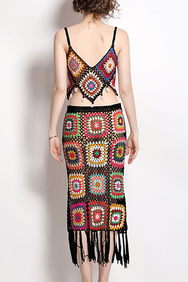 Boho Chic Saçak Granny Kare Kroşe Örgü Pareo-Siyah