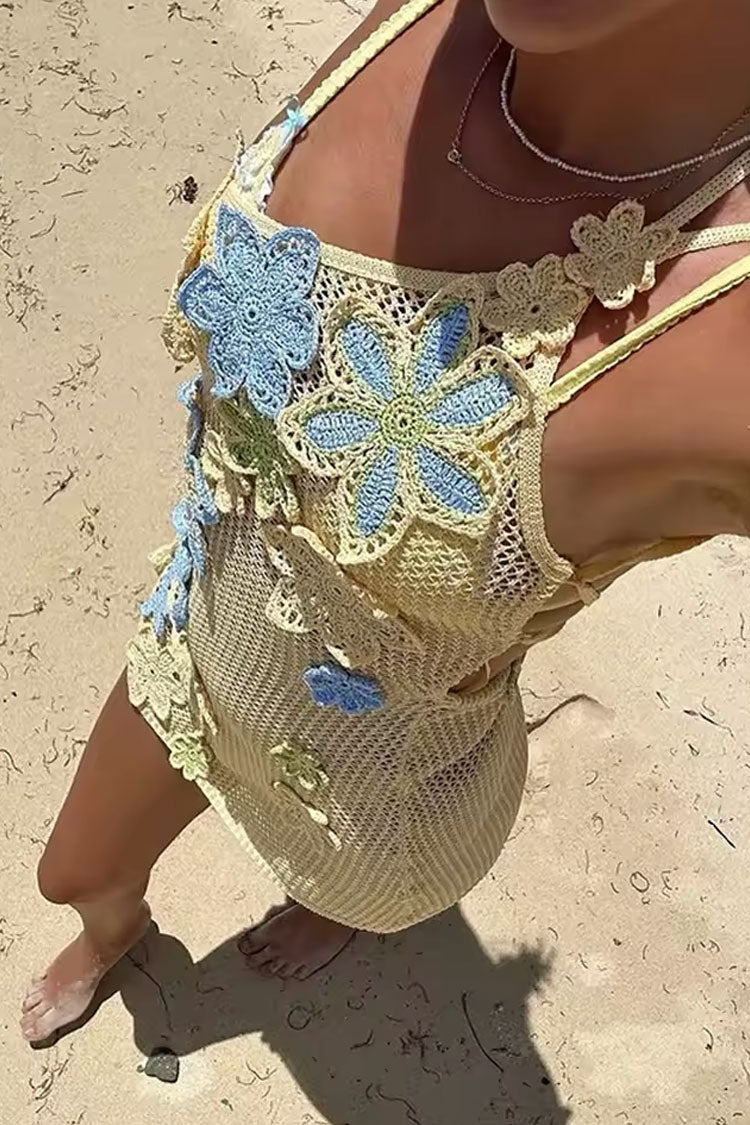 Boho Tek Omuz Bağcıklı Sırtı Açık Çiçekli Tığ Örgü Pareo
