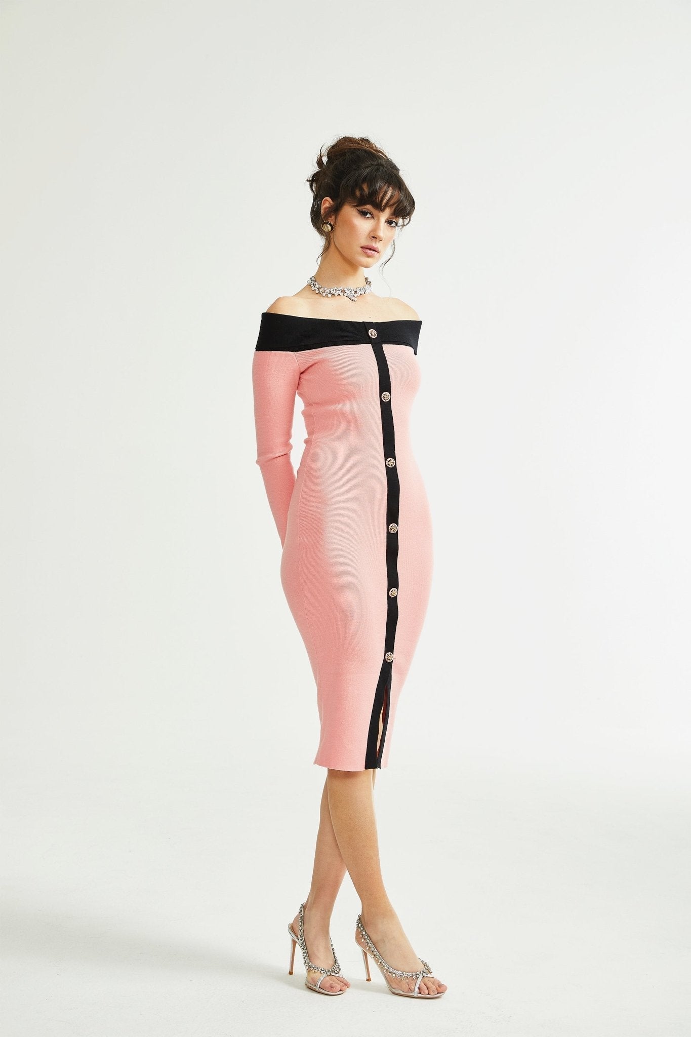 Carine Pembe Midi Örgü Elbise