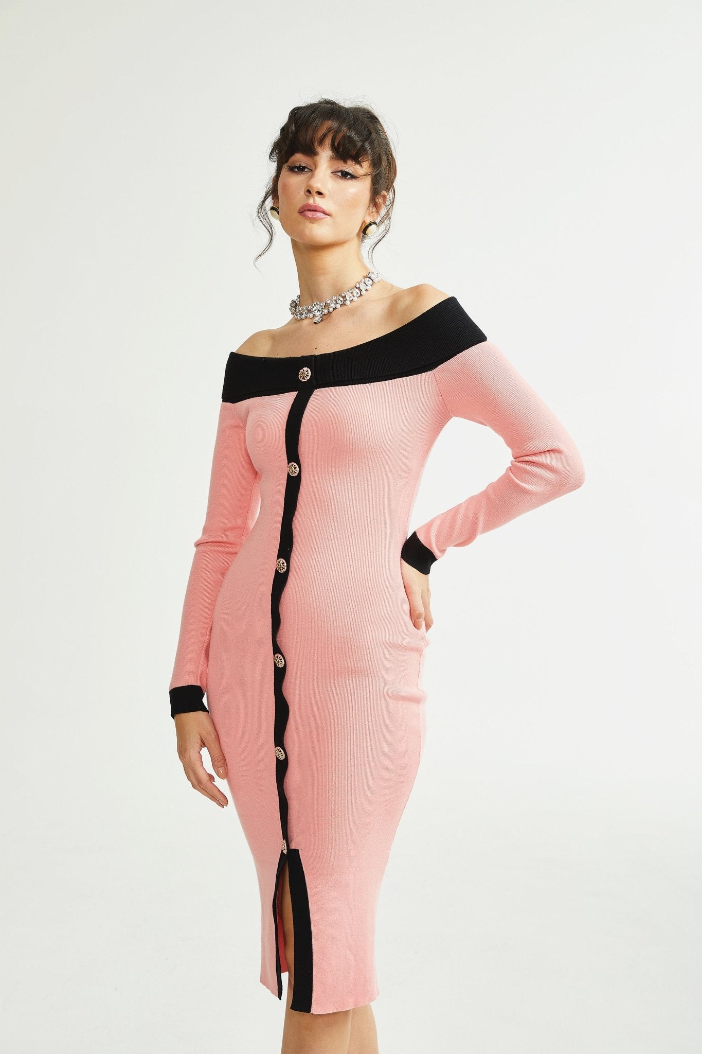 Carine Pembe Midi Örgü Elbise
