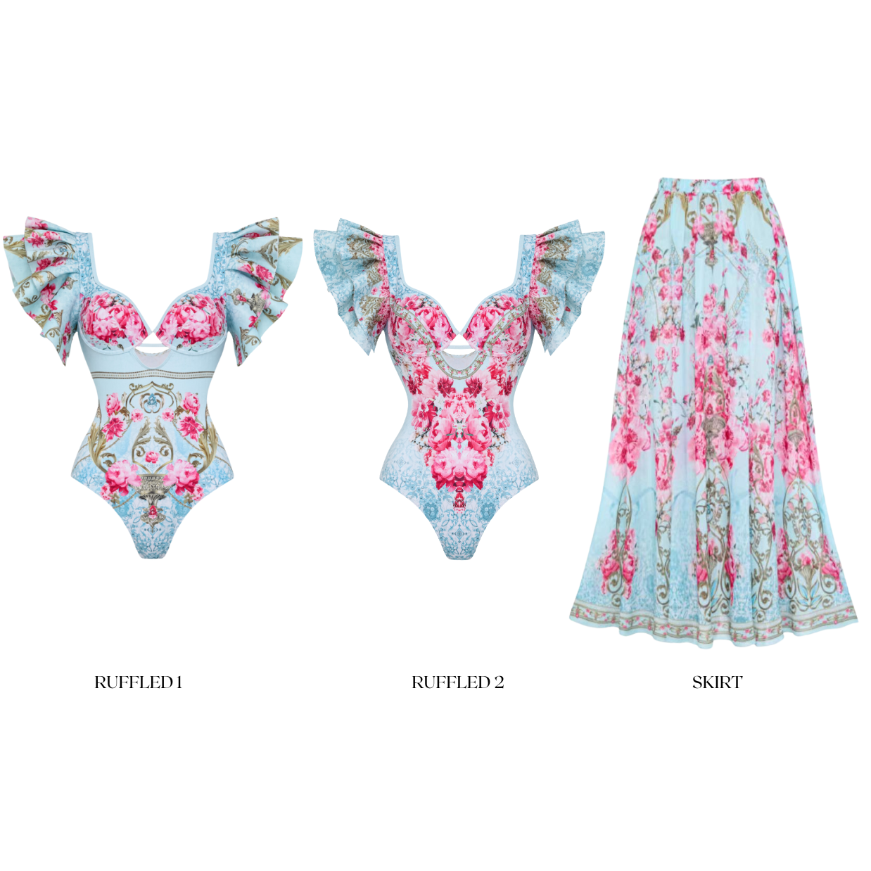 Fırfırlı Mavi Çiçek Açan Çiçekler Baskılı Tek Parça Mayo-Pareo