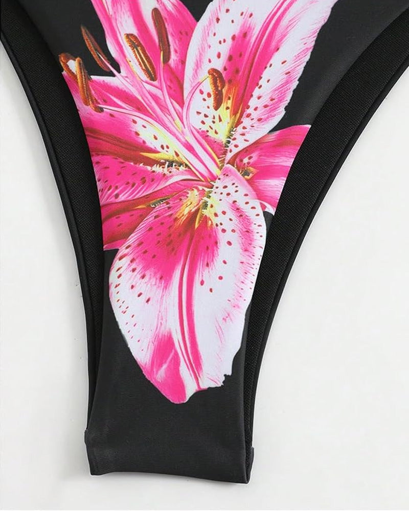 Çiçek Desenli Halter Kravat Sırtlı Bikini-Pareo
