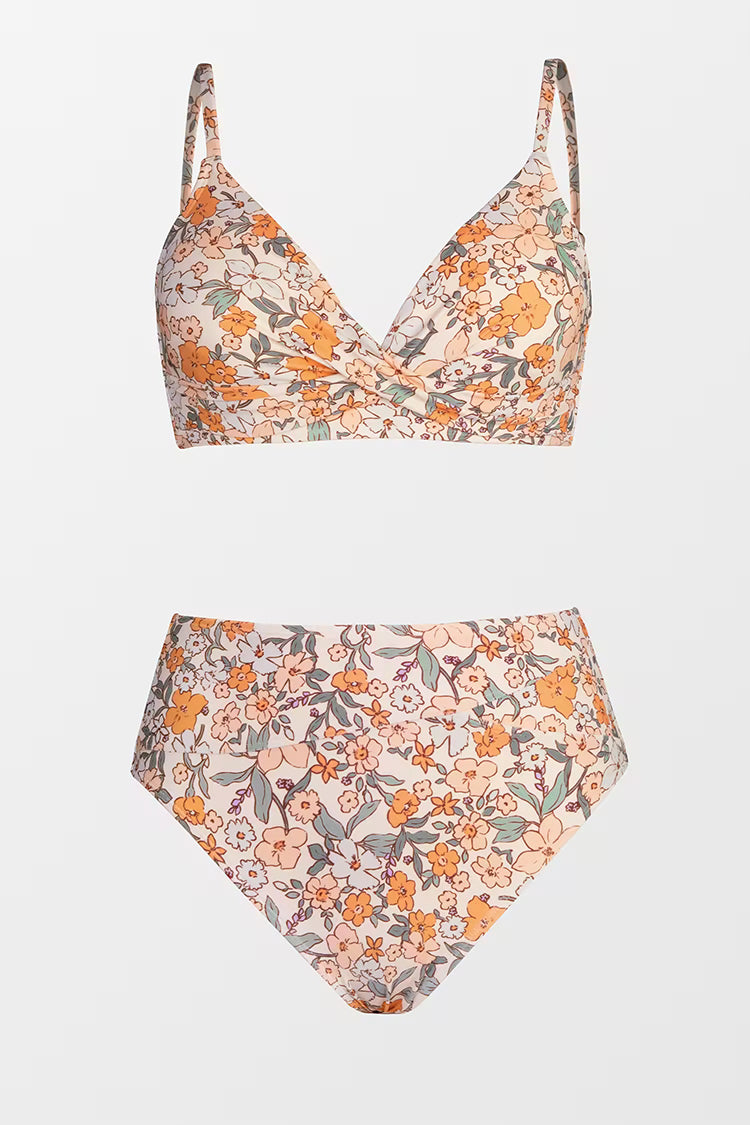 Çiçek Desenli Bükümlü Bralette & Eklemeli Yüksek Bel Bikini Seti