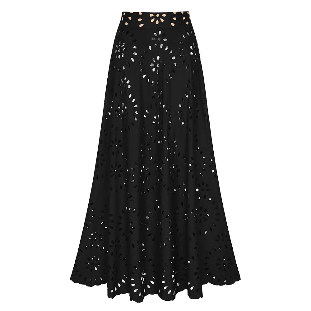 Siyah Lazer Kesim Çiçekli İçi Boş Tek Parça Mayo ve Etek