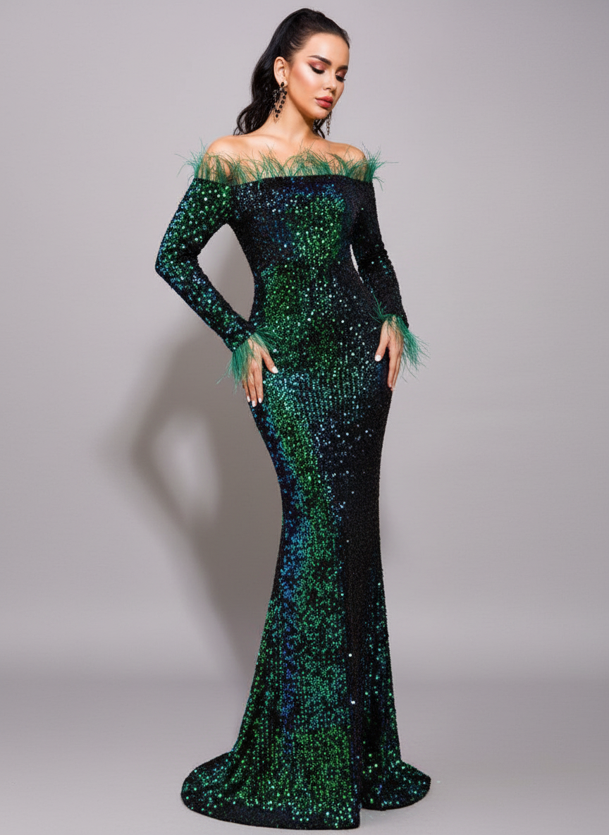 Hesper Omuzsuz Tüy Payetli Abiye Maxi Elbise