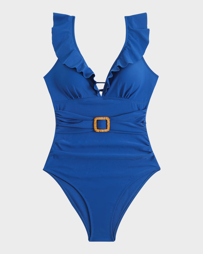 Derin V Fırfırlı Kollu Kuşaklı Dantelli Mayo