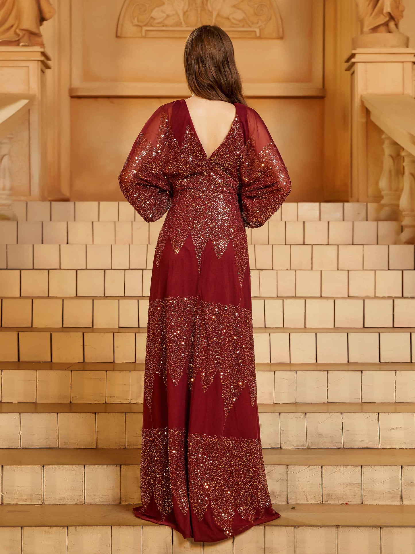 Burgundy A Kesim Yırtmaçlı Maxi Elbise-Kırmızı