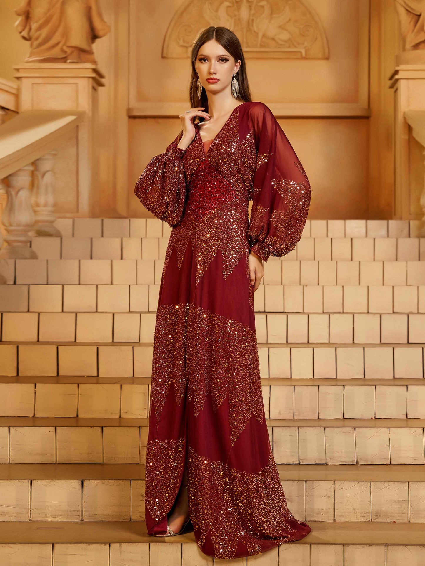 Burgundy A Kesim Yırtmaçlı Maxi Elbise-Kırmızı