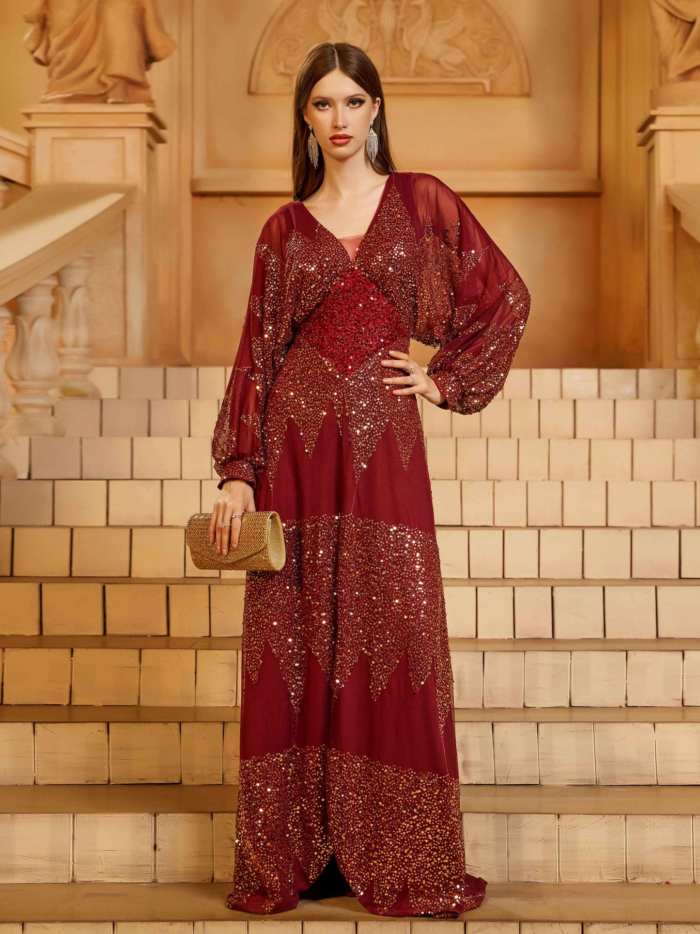 Burgundy A Kesim Yırtmaçlı Maxi Elbise-Kırmızı